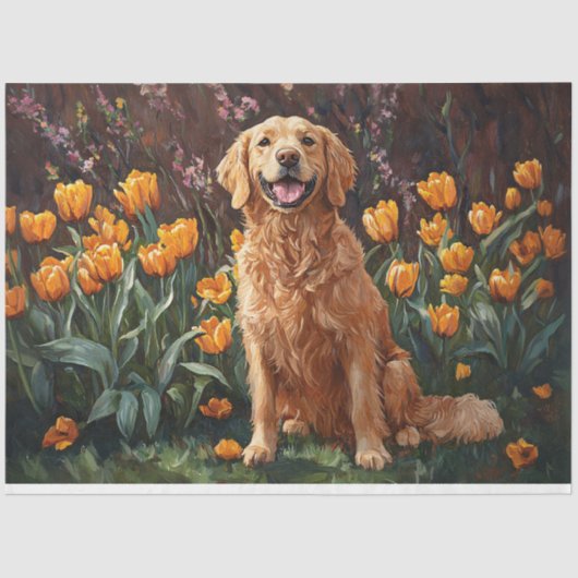 チューリップガーデンのデコパージュにかわいいゴールデンレトリバー 薄葉紙 (正面)