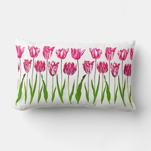 チューリップガーデンプリントイン明るい赤紫色ピンク&グリーンルンバ ランバークッション (正面)
