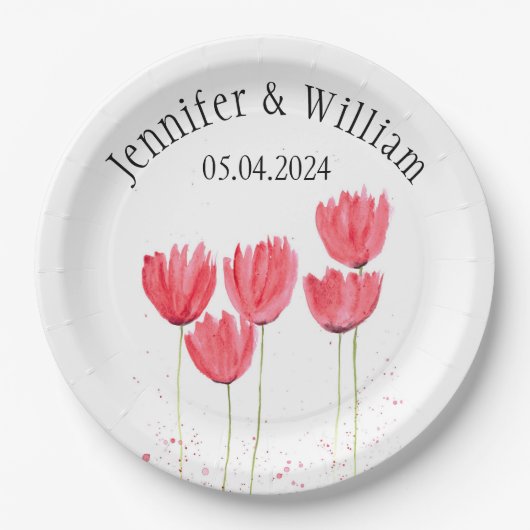 チューリップフラワーウォータカラー素朴春結婚ズ ペーパープレート (正面)