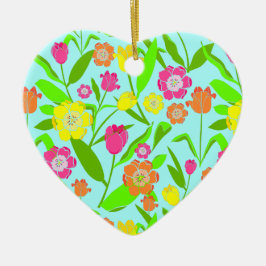 チューリップフラワーヴィンテージブルーパターン（の模様が）あるフローラ セラミックオーナメント