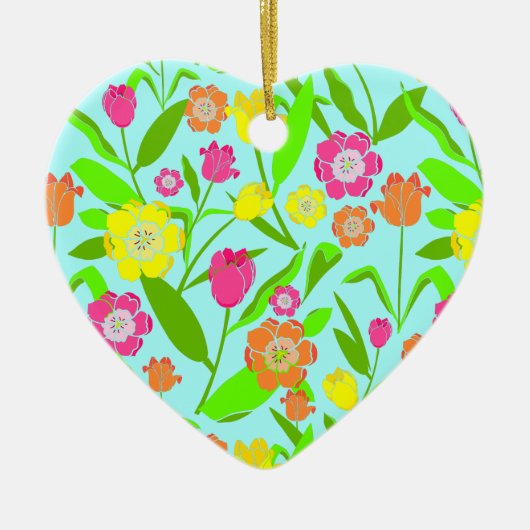 チューリップフラワーヴィンテージブルーパターン(の模様が)あるフローラ セラミックオーナメント (正面)