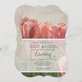 チューリップフローラモダン春の結婚式ウッド素朴 招待状 (正面/裏面)