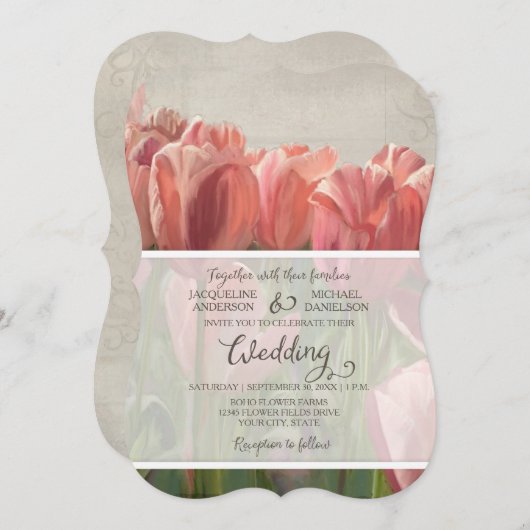 チューリップフローラモダン春の結婚式ウッド素朴 招待状 (正面/裏面)