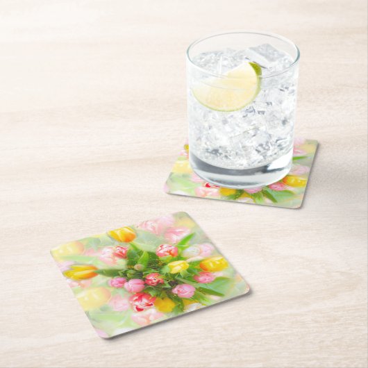チューリップブーケのヴィンテージルック – フローラアート スクエアペーパーコースター (インサイチュ)