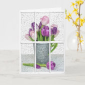 チューリップブーケ付きの窓に降る カード (黄色い花)