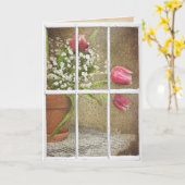 チューリップブーケ付きの窓に降る カード (黄色い花)