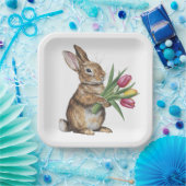 チューリップブーケ付きバニー ペーパープレート (パーティー)