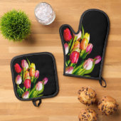 チューリップブーケ絵を描のオリジナルガーデンフラワーアート 鍋つかみ&鍋敷きセット (トップダウン)