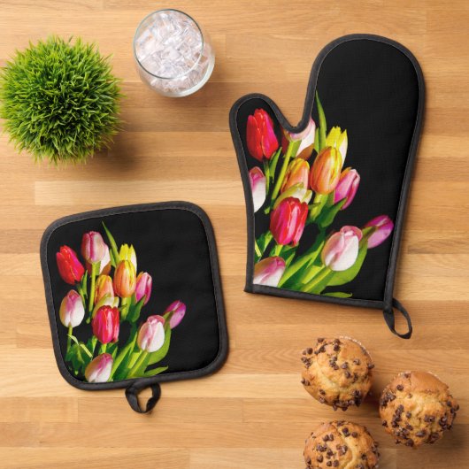 チューリップブーケ絵を描のオリジナルガーデンフラワーアート 鍋つかみ&鍋敷きセット (トップダウン)