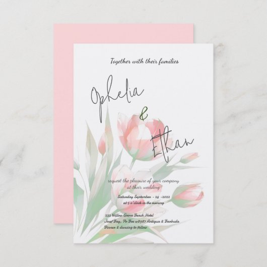 チューリップミニマル赤面ピンク 招待状 (正面/裏面)