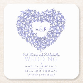 チューリップリースインクスケッチモノグラム結婚ズブルー スクエアペーパーコースター