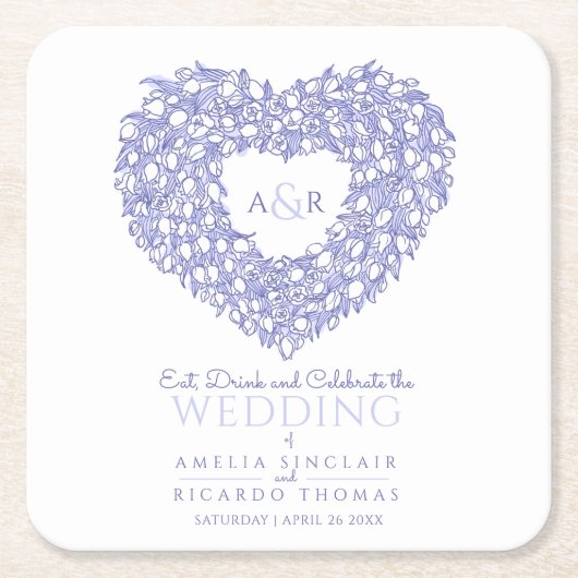 チューリップリースインクスケッチモノグラム結婚ズブルー スクエアペーパーコースター (正面)