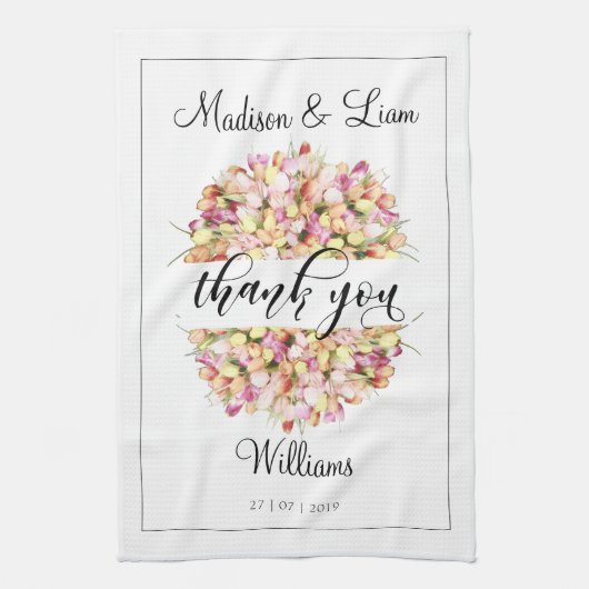 チューリップリースサンキューペンシルアートカリフォグラフィー キッチンタオル (縦)