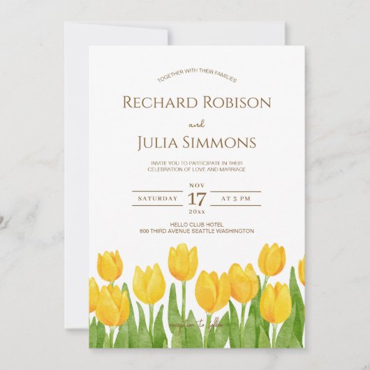 チューリップロマンスフローライエロー結婚式招待状 セーブザデート (正面)
