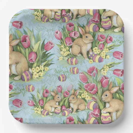 チューリップ付きガーデンのイースターバニー ペーパープレート (正面)