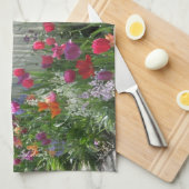 チューリップ付きキッチンタオル付きホワイトピケットフェンス キッチンタオル (四つ折り)