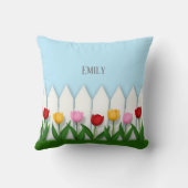 チューリップ付きホワイトピケパーソナライズされたットフェンス クッション (裏面)
