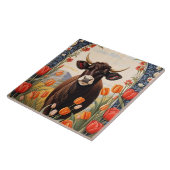 チューリップ付き可愛い牛 タイル (側面)