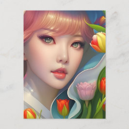 チューリップ付き女の子、ポストクロッシング用はがき ポストカード