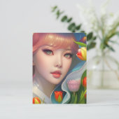 チューリップ付き女の子、ポストクロッシング用はがき ポストカード (スタンド正面)