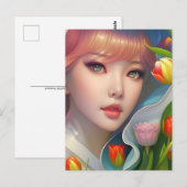 チューリップ付き女の子、ポストクロッシング用はがき ポストカード (正面/裏面)