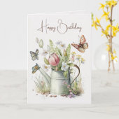 チューリップ付き散水缶誕生日 カード (黄色い花)
