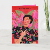 チューリップ付き美しい女性ハートバレンタインデー カード (正面)