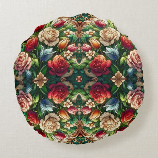 チューリップ及びバラステンドグラスデザイン ラウンドクッション (裏面)