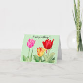 チューリップ日本の、木版画、ハッピーバースデー カード (正面)