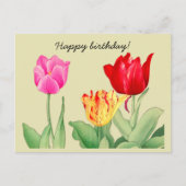 チューリップ日本の、木版画、ハッピーバースデー ポストカード (正面)