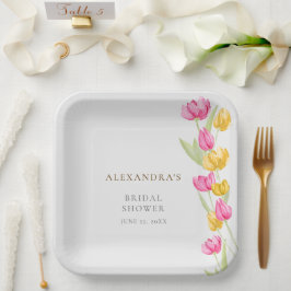 チューリップ書道ピンク春ボホブライダルシャワー ペーパープレート