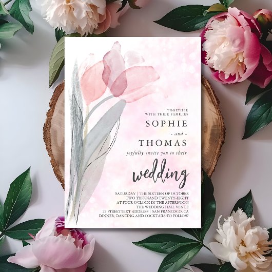 チューリップ淡い色のエレガントな結婚式 招待状