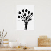 チューリップ白黒花アート ポスター (キッチン)