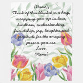 チューリップ緑の葉のカスタムメッセージ文字 フリースブランケット (正面)