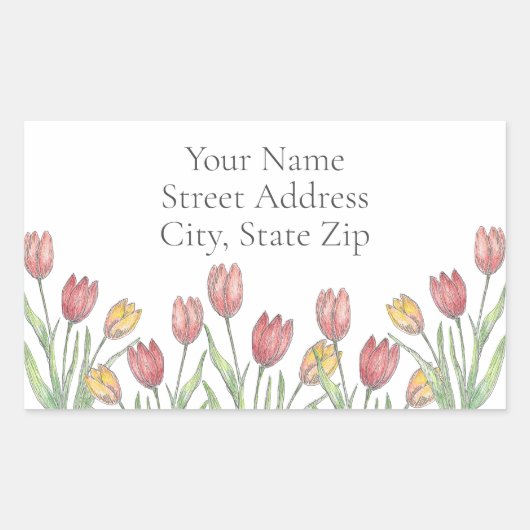 チューリップ色鉛筆、ペン、インクのパターンラベル 長方形シール (正面)