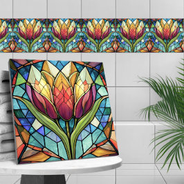 チューリップ花ステンドグラスのモザイク タイル