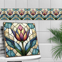 チューリップ花ステンドグラスのモザイク タイル