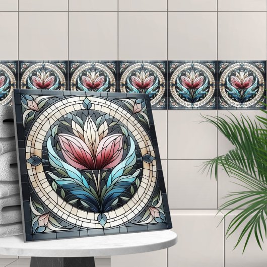 チューリップ花ステンドグラスのモザイク タイル