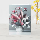 チューリップ誕生日ブーケとシルバー葉付き カード (黄色い花)