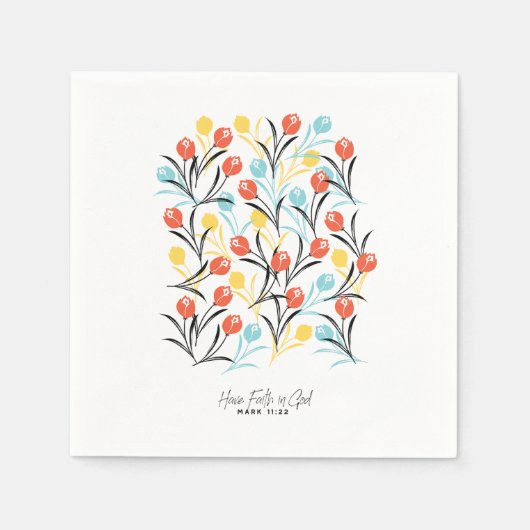 チューリップ鮮やかパターンフローラデザインオン白 スタンダードカクテルナプキン (正面)