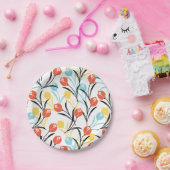 チューリップ鮮やかパターンフローラデザインオン白 ペーパープレート (パーティー)