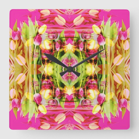 チューリップ – フラクタルアートの色付きチューリップ –  スクエア壁時計 (正面)