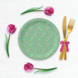 チューリップ&蝶グリーンパターン ペーパープレート