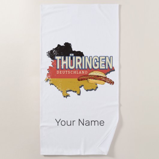 チューリンギアドイツレトロ連邦州地図ヴィンテージ ビーチタオル (正面)