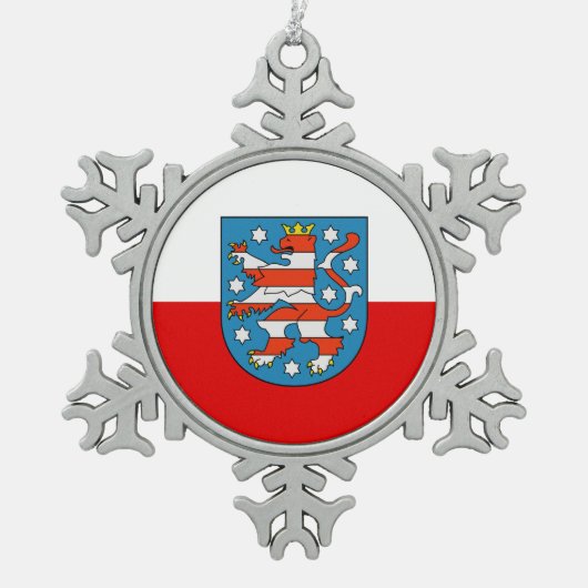チューリンゲン州旗スノーフレークペータークリスマスオルナム スノーフレークピューターオーナメント (正面)