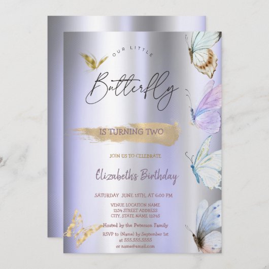 チョイスカラフルバイオレット金属誕生日 招待状 (正面/裏面)