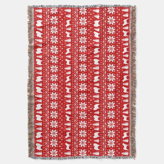 チョウのシルエットのクリスマスドッグズパターンレッド スローブランケット (正面縦)