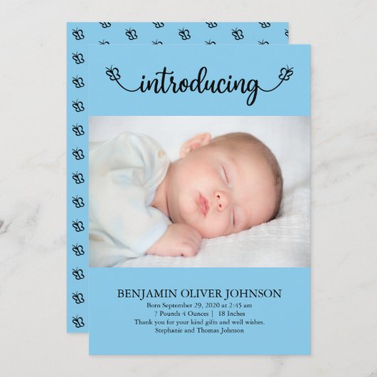 チョウの男の赤ちゃんの紹介ブルー誕生 案内状 (正面/裏面)