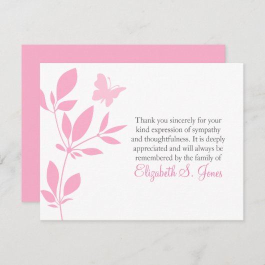 チョウの葬儀ありがとうノートカードピンク サンキューカード (正面/裏面)