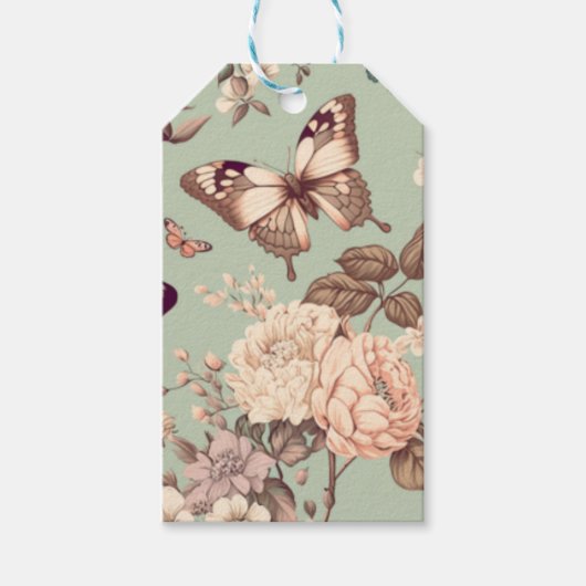チョウチョと花のωερυライトグリーンの装飾 ギフトタグ (正面)